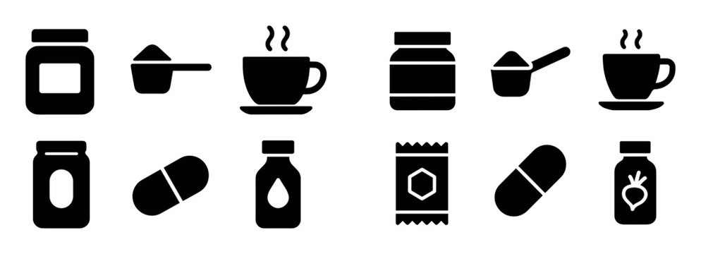 Medicine icons with jar capsule bottle bold solid