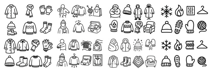 Clothing icons with coat hat gloves outline
