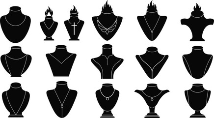 Necklace display vector illustration set, black silhouette jewelry stands with diverse chain and pendant designs, creative resource for fashion, retail, and merchandising themes © Farzana