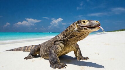 Fototapeta premium Komodo dragon on sandy beach with blue ocean under clear sky.