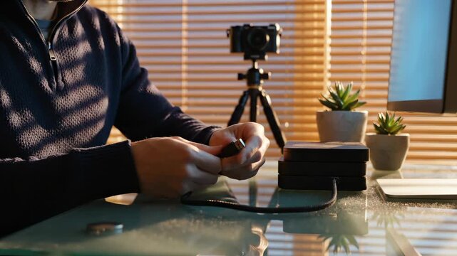 Person using stylus pen with tablet at glass desk near camera tripod setup. Digital artist draws on tablet with stylus. Person works at desk with tablet. Creative workspace with camera and tablet.