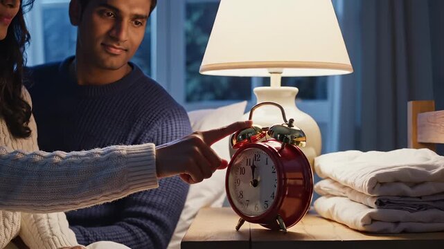 Couple turns off alarm clock on bedside table in bedroom. Man reaches for vintage clock near lamp. Couple stops alarm together. Partners in bedroom with clock. Night bedroom with alarm clock.