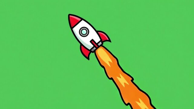 Cute Cartoon Rocket Launch with Fire Trail on Green Screen Background