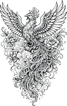 Mythical Phoenix Rising with Floral Elements &ndash; Intricate Black and White Ornamental Line Art Illustration

This stunning black and white illustration features a majestic phoenix rising with its wings 
