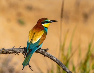 Obraz premium European Bee-eater Perched on Branch - A Vibrant Bird Portrait.