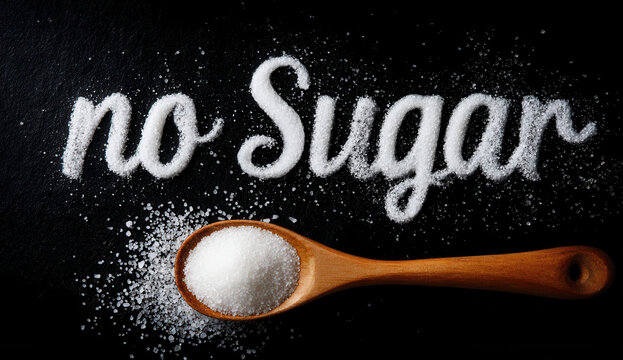 Message written with white sugar on a dark surface next to a wooden spoon filled with granulated sugar