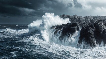 Obraz premium Dramatic ocean waves crash against rocky cliffs under stormy sky.