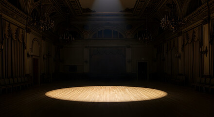 Obraz premium Empty grand ballroom with a single spotlight illuminating the wooden floor creating an atmosphere of anticipation and dramatic performance readiness