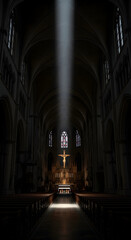 Obraz premium A dramatic beam of light shines down from the heavens illuminating a crucifix and altar within a grand, dark, and ornate cathedral interior, evoking spirituality and divine presence.