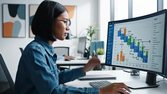 Young professional woman working on a complex gantt chart on a curved monitor
