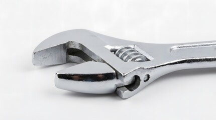 Adjustable Wrench on White: Close-up of Chrome Plated Tool.