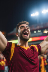 Fototapeta premium A jubilant sports fan celebrates passionately in a stadium under bright lights, wearing a maroon and yellow jersey.