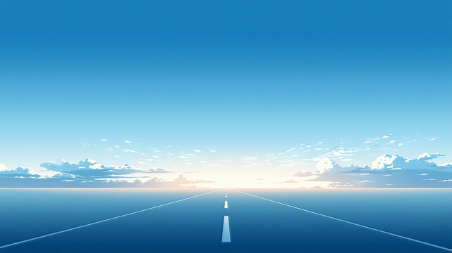 地平線へ続く直線道路と青空の未来コンセプトイラスト
