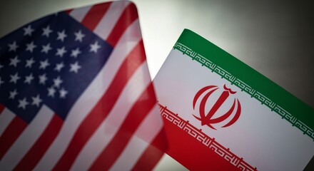 Fototapeta premium Flags of Cooperation USA and Iran Flags Together Symbolizing Hope for International Relations