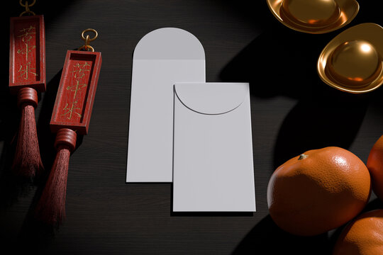 White envelope with chinese new year themed background for mockup template