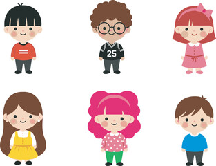 Bundle of cute diverse children characters in flat vector and hand drawn doodle styles featuring happy boys and girls playing