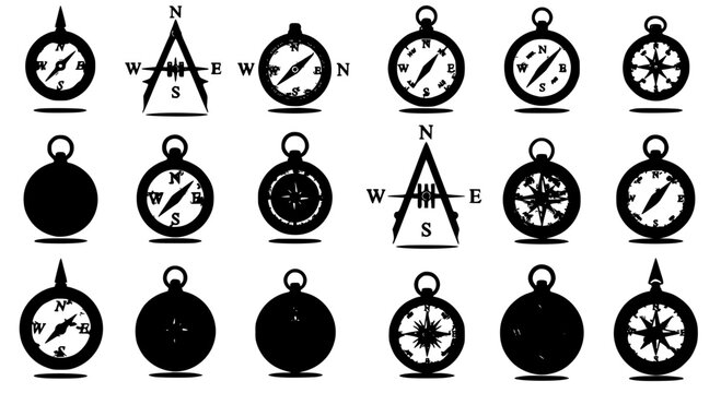 Compasses icon set with various directional pointers and designs, black silhouette on white background, navigational