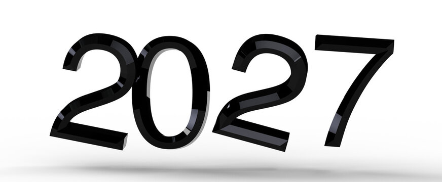 Black glossy 3D rendered text '2027' on a bright white background. Ideal for future, new year, planning, time, and antic