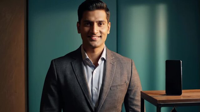 Businessman adjusts suit jacket in office with phone nearby. Man fixes jacket button while standing. Professional businessman adjusts suit. Executive man prepares jacket in modern office.