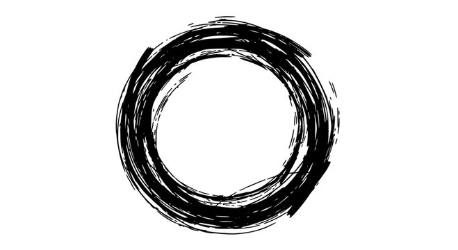 Circle grunge brush stroke with rough black texture and white background featuring abstract, artistic, ring with round