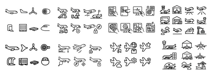 Aviation icons with airplane control tower outline