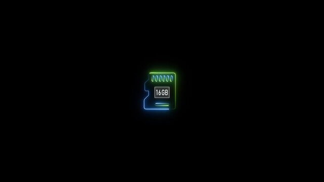 Micro S D card 16 GB icon glowing neon line motion graphic animation on black background. Data memory chip concept, memory card symbol.