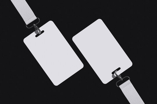 Two floating white ID Card with lanyard on black background for mockup template