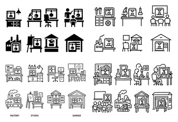 Fototapeta premium Workplace icons with studio factory garage outline