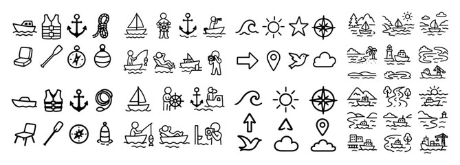 Naklejka premium Nautical icons with boat anchor sail outline
