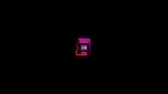 Micro S D card 2 GB icon glowing neon line motion graphic animation on black background. Data memory chip concept, memory card symbol.