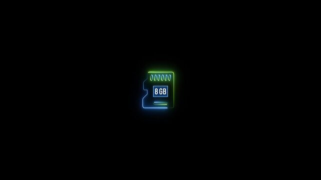 Micro S D card 8 GB icon glowing neon line motion graphic animation on black background. Data memory chip concept, memory card symbol.