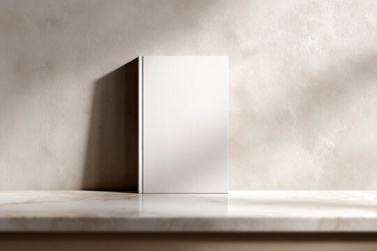 Hardcover book mockup with dust jacket, standing against a textured wall background