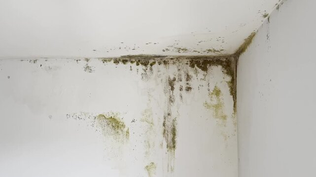 Mold growing on corner of white wall and ceiling in damp room. Household humidity problem, mildew infestation and moisture damage in home interior