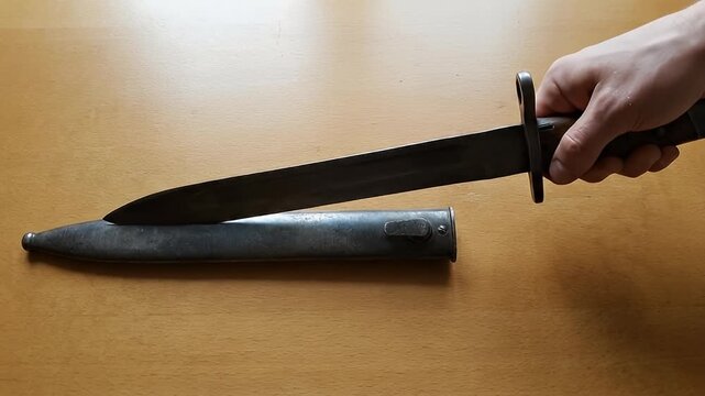 Hand Holding Bayonet Knife with Scabbard.