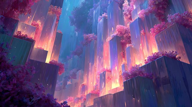 Dreamy fantasy cityscape with glowing crystal skyscrapers and lush purple foliage in a futuristic urban landscape