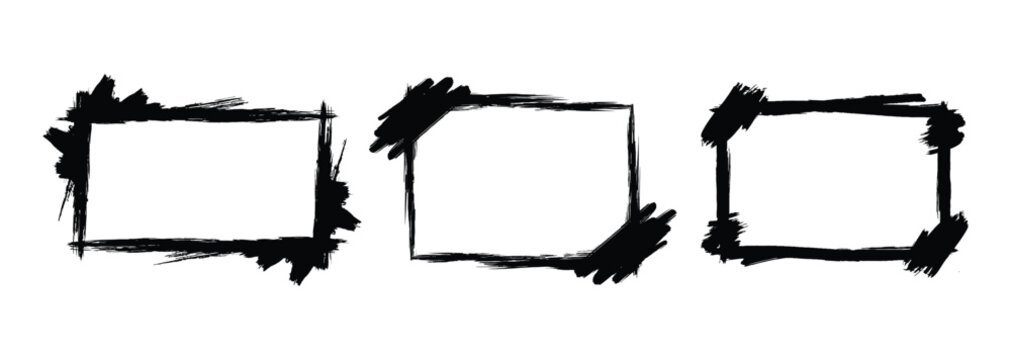 Three abstract black rectangular frames with rough brushstroke edges on a white background for artistic or design purposes