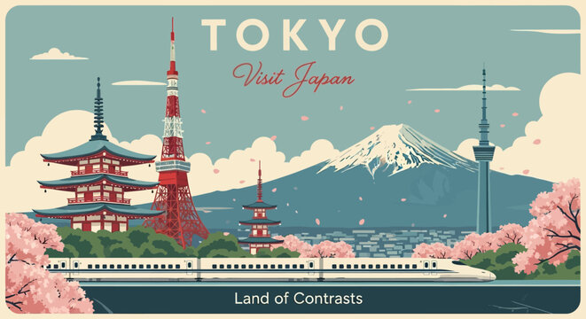 Tokyo Japan Travel Poster: Iconic Landmarks, Bullet Train, Cherry Blossoms, Mt Fuji