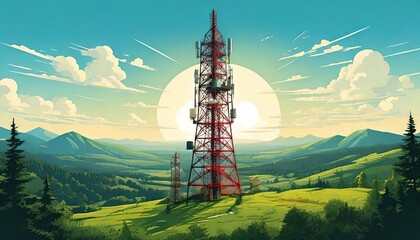 Obraz premium A tall, red communication tower stands prominently against a sunny, mountain landscape backdrop
