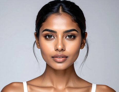 Portrait of a Beautiful Young Woman with Flawless Skin and Elegant Hairstyle.