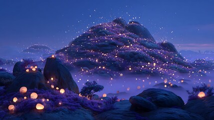 Fototapeta premium Dreamy fantasy hills dotted with glowing lights at dusk mystical landscape with purple hue and foggy atmosphere serene natural scenery