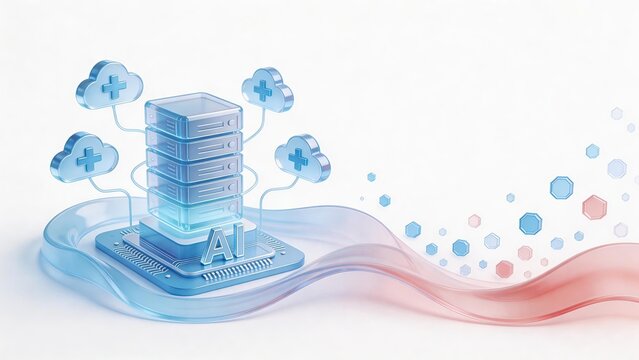 futuristic AI chip base supporting cloud servers and medical network representing AI-powered healthcare computing and cloud data center concept, innovation science illustration