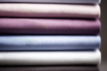 Pile of folded bespoke shirts in different colors, cotton texture, minimalist organization