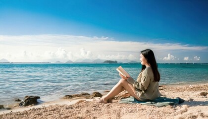 Asian woman enjoys a book on the beach, looking toward the horizon