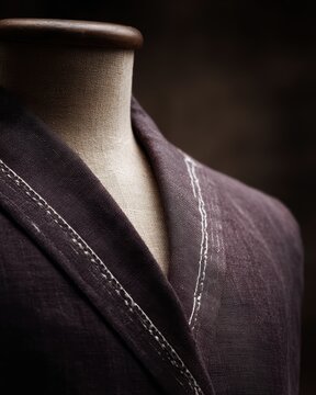 Antique tailor mannequin with a half-finished suit jacket, white basting stitches visible