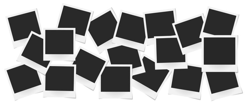 Pack of square realistic images frames template with shadows isolated on transparent background. Vector PNG