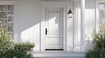 Naklejka premium Classic White Door with Symmetrical Design and Flanking Greenery Creates an Inviting Entrance