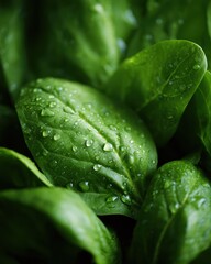 Close-up of fresh spinach leaves with water droplets, vibrant green, macro photography