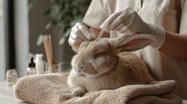 Veterinarian administering ear drops to a calm bunny rabbit during a routine checkup examination