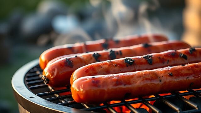 chipolata. Glossy sausages on a charcoal grill with rising smoke in warm light. menu design, packaging mockups, designed for food delivery and cloud-kitchen brand materials.