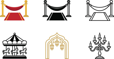 Luxury event icon set with red carpet barrier carousel ornate arch lantern and chandelier for celebration and entertainment design © pappa